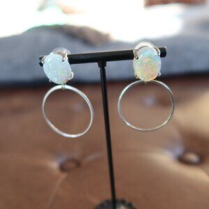 GIANT Opal & 925 sterling silver front facing hoops earrings white/blue sparkles